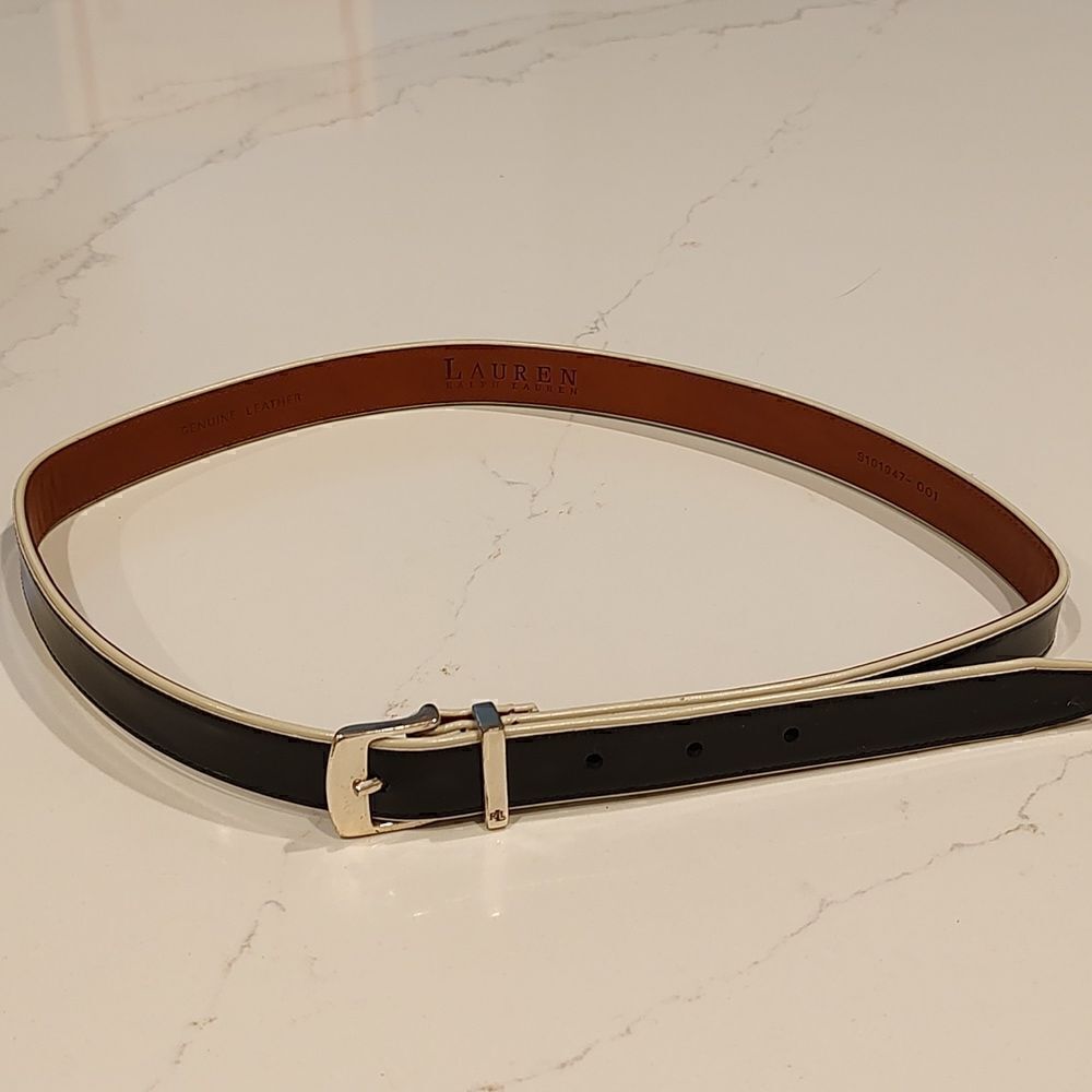 Lauren Ralph Lauren Leather Belt in Black and White Solid Brass Buckle Size L